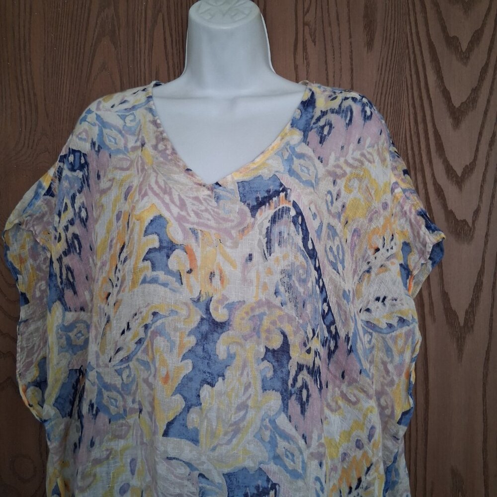 Chico's Linen Tie Dye Poncho V-Neck Fringe Asymmetrical Top S/M Petite Medium - Picture 2 of 7